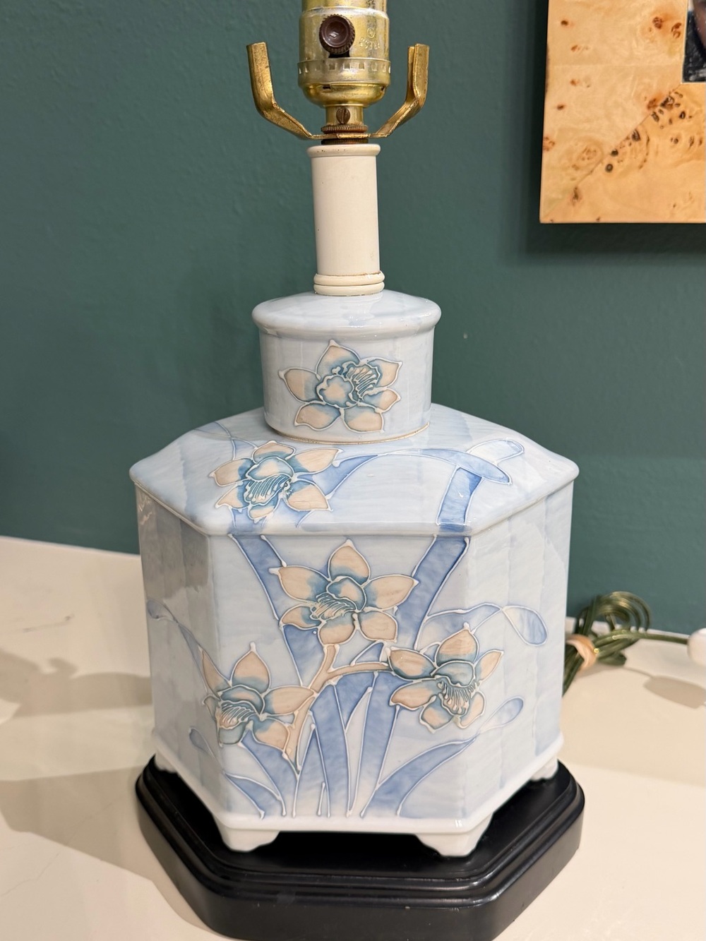 Vintage Blue Floral Ceramic Table Lamp Hexagonal  Cottagecore Grandmillenial